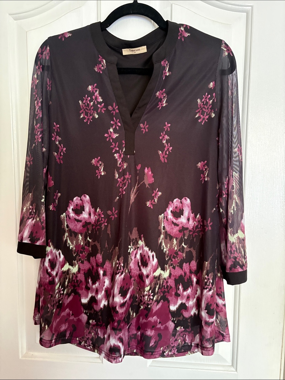 Timeson Plum Floral Mesh-Sleeve Tunic with V-Notch